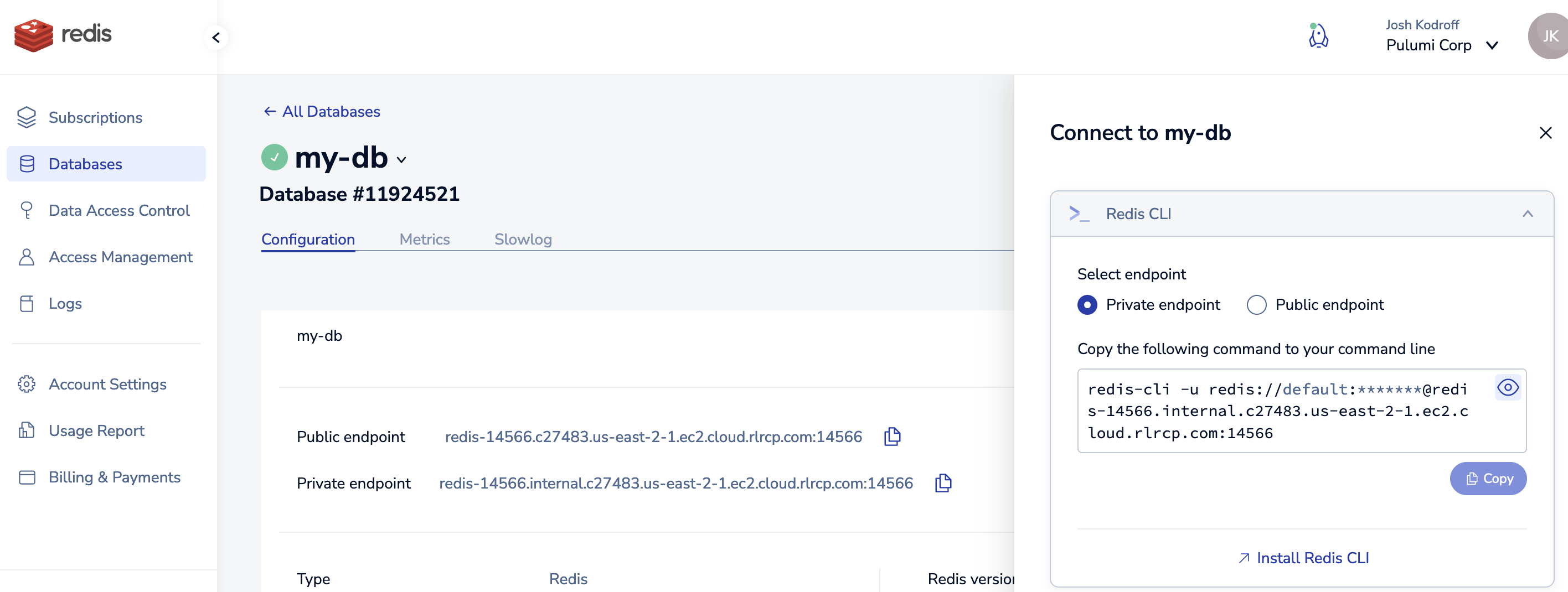 Redis Cloud console showing the connection dialog with the CLI option selected