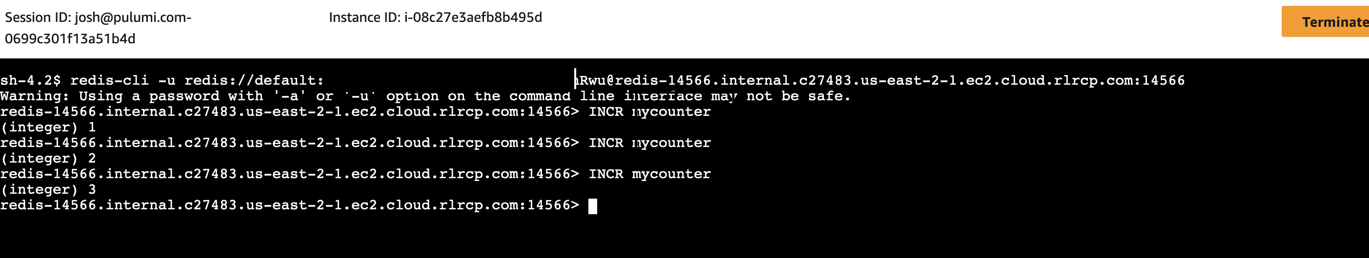 SSM Systems Manager shell with commands like redis connect and INCR