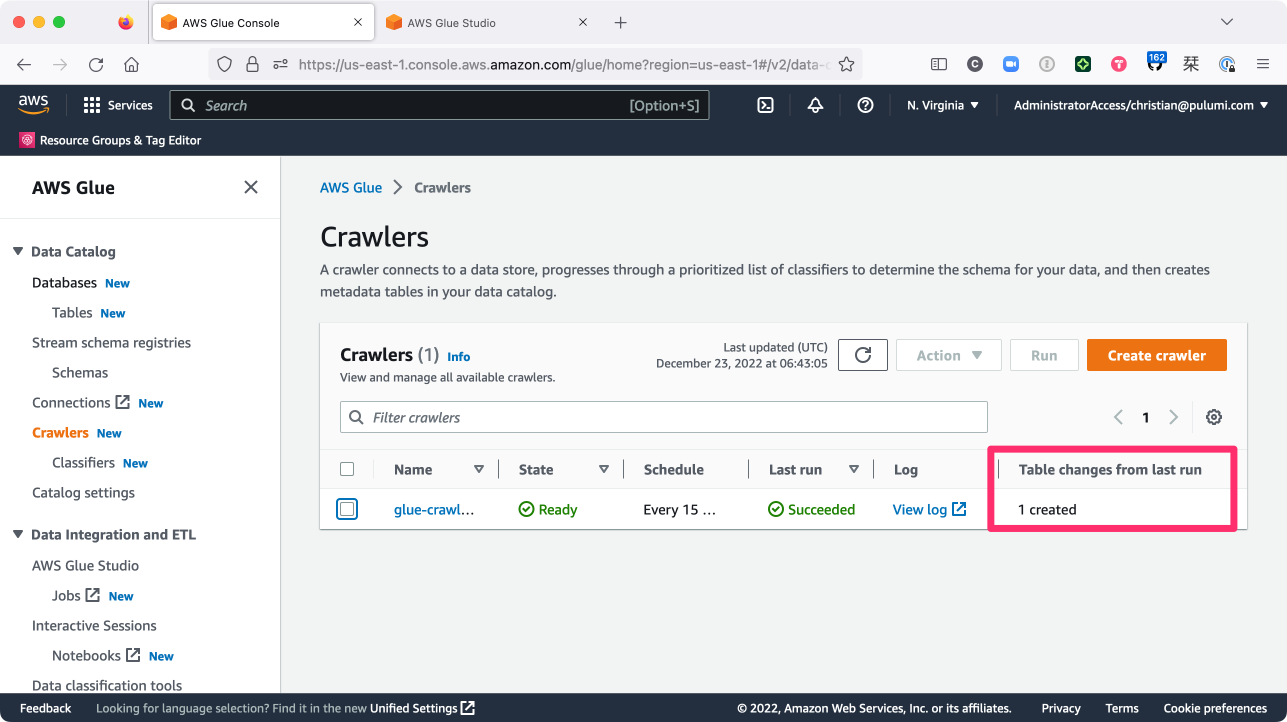 Screenshot of the AWS Glue console showing the crawler&rsquo;s successful run