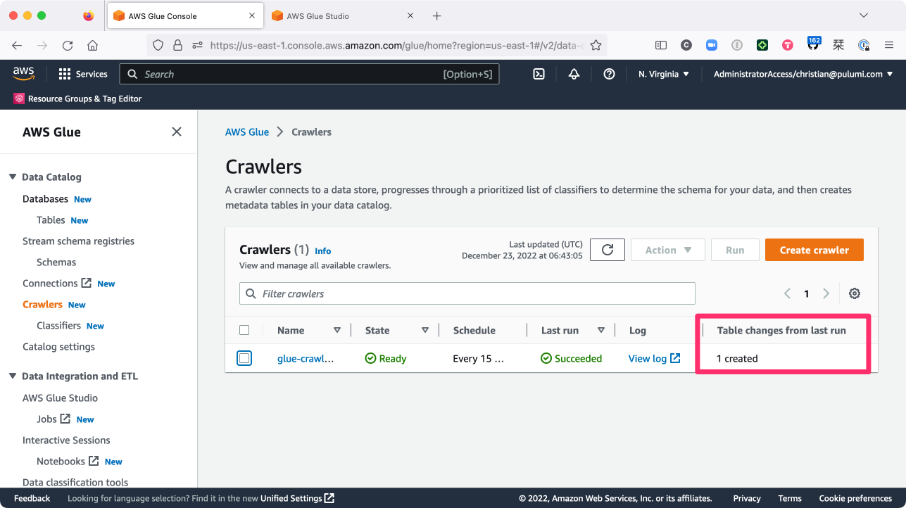 Screenshot of the AWS Glue console showing the crawler’s successful run