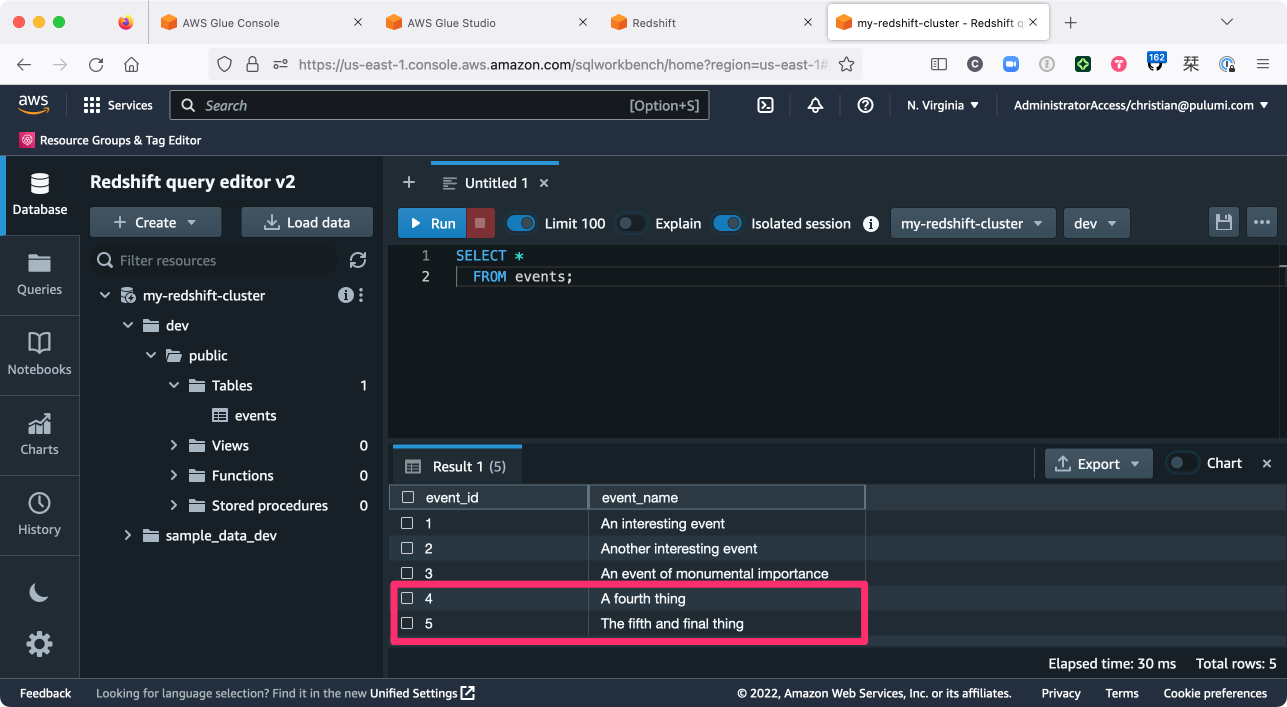 Screenshot of the Redshift query editor showing the new records