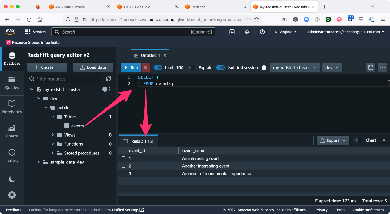 Screenshot of the Redshift query editor showing the new data