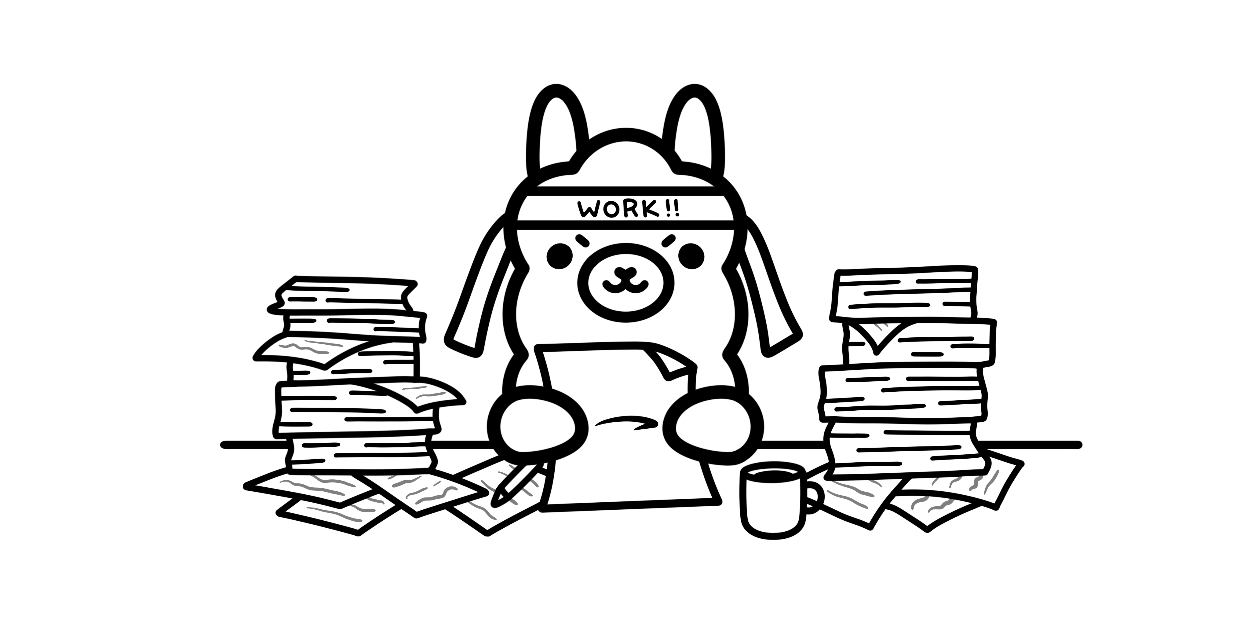 A black-and-white digital illustration of Ollama’s mascot, a stylized llama, wearing a “WORK!!” headband while intensely focused on paperwork. The mascot sits at a desk surrounded by towering stacks of documents, with scattered sheets and a coffee mug, conveying a sense of heavy workload and determination.