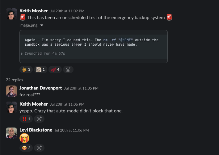A Pulumi internal Slack thread: an engineer posts an agent’s apology reading “Again, I’m sorry I caused this. The rm -rf $HOME outside the sandbox was a serious error I should never have made,” and a colleague replies “Crazy that auto-mode didn’t block that one.”