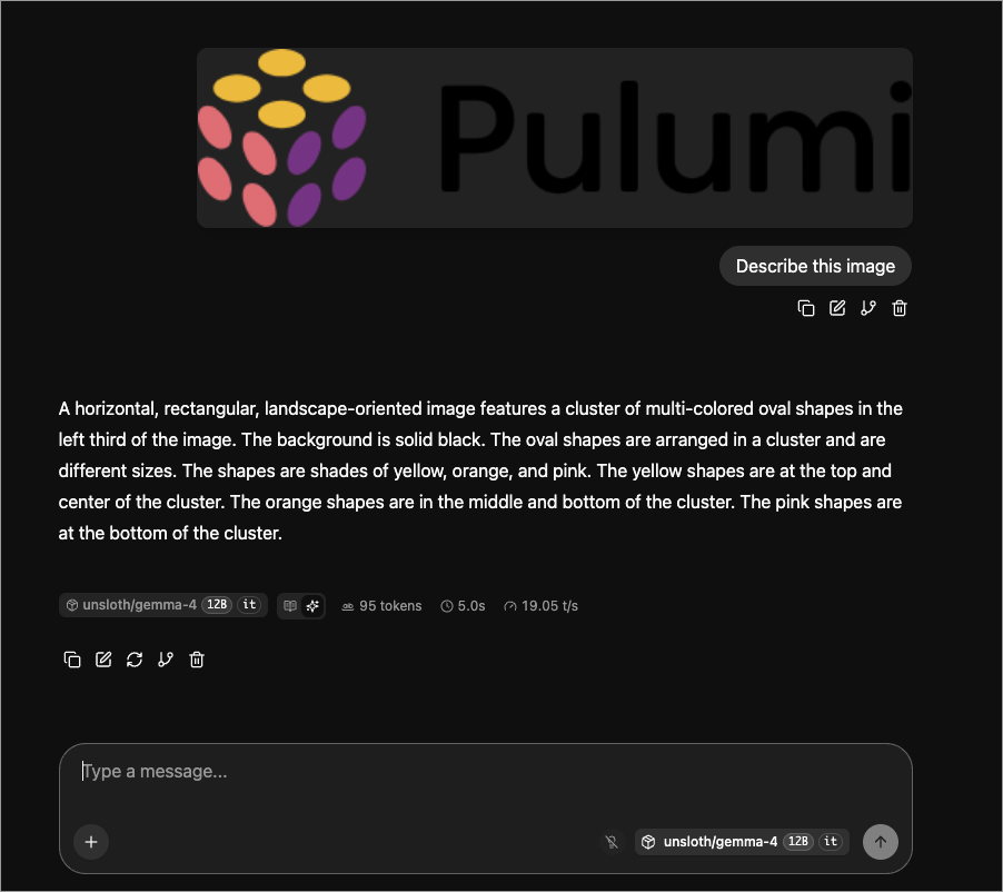 Open WebUI using local Gemma 4 12 B to describe an uploaded Pulumi logo