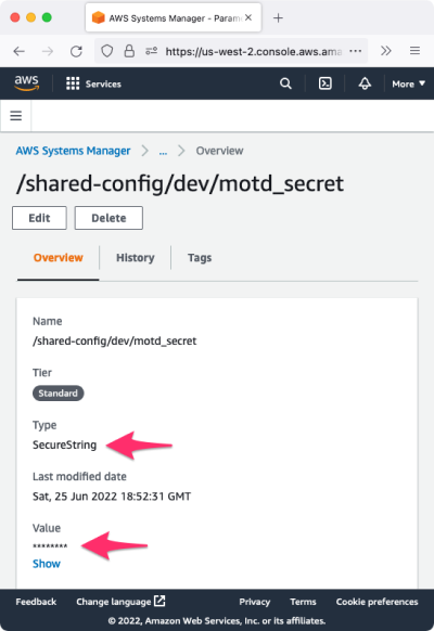 The secret message tracked as a secret in the AWS Systems Manager Console