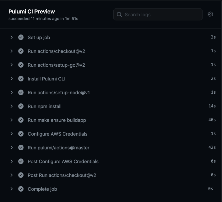 Screenshot of the run time of the new Pulumi GitHub Action