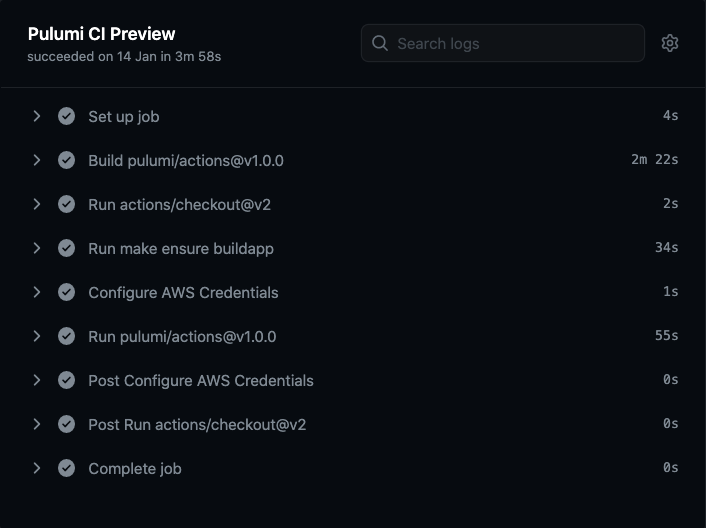 Screenshot of the run time of the old Docker-based Pulumi GitHub Action