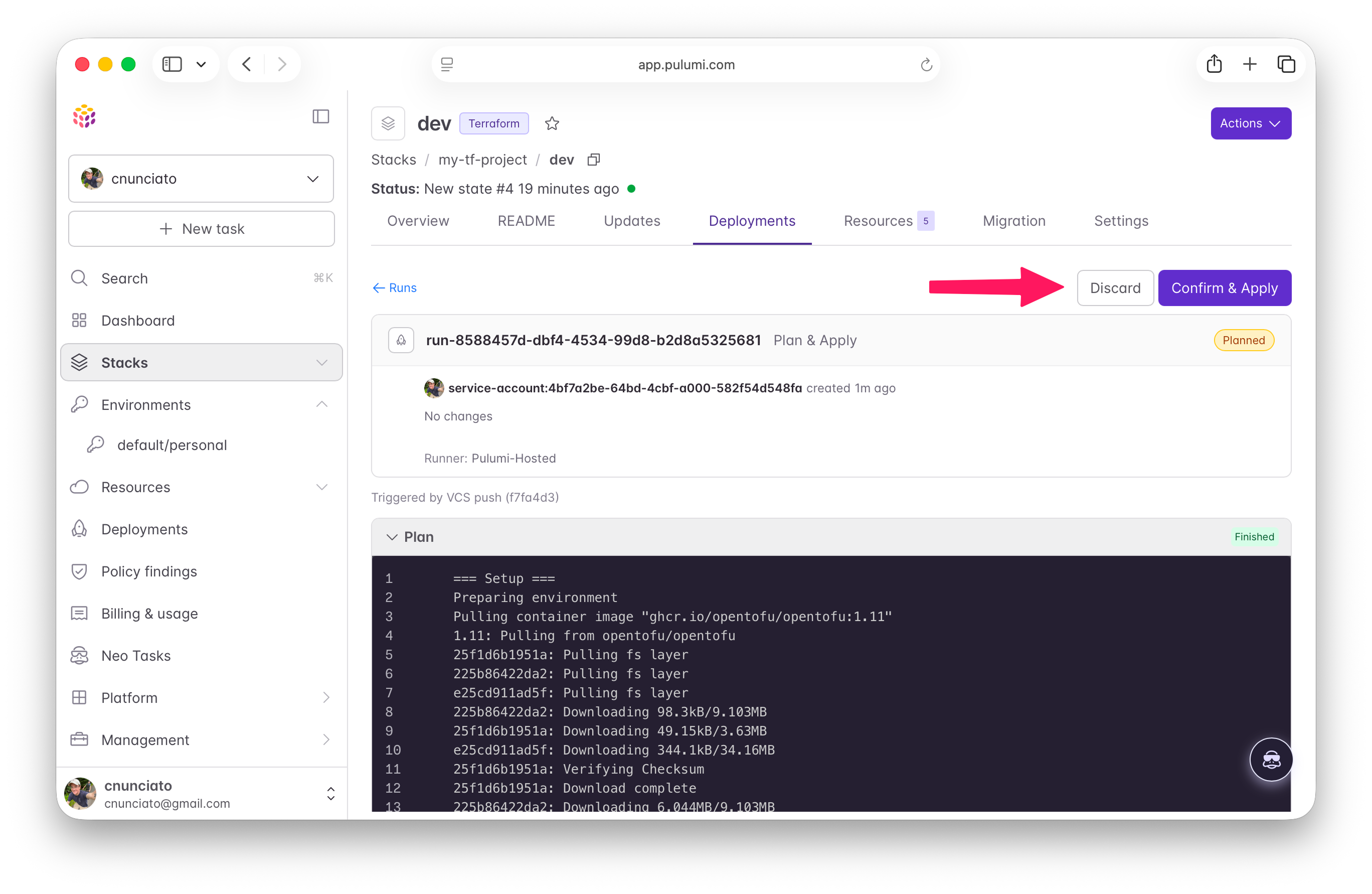 A deployment run awaiting confirmation in the Pulumi Cloud console