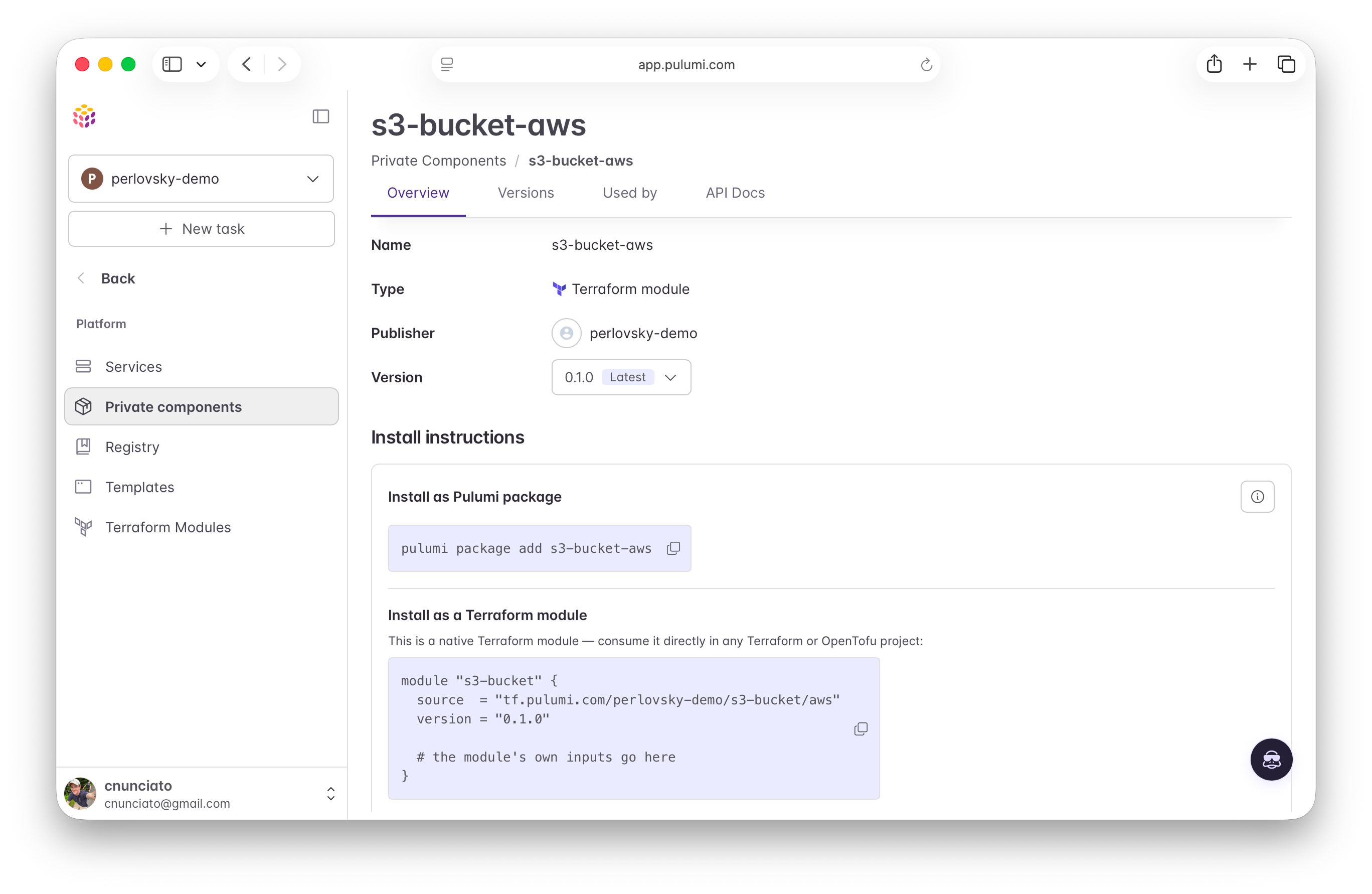 The published Terraform module’s detail page in the Pulumi Cloud registry