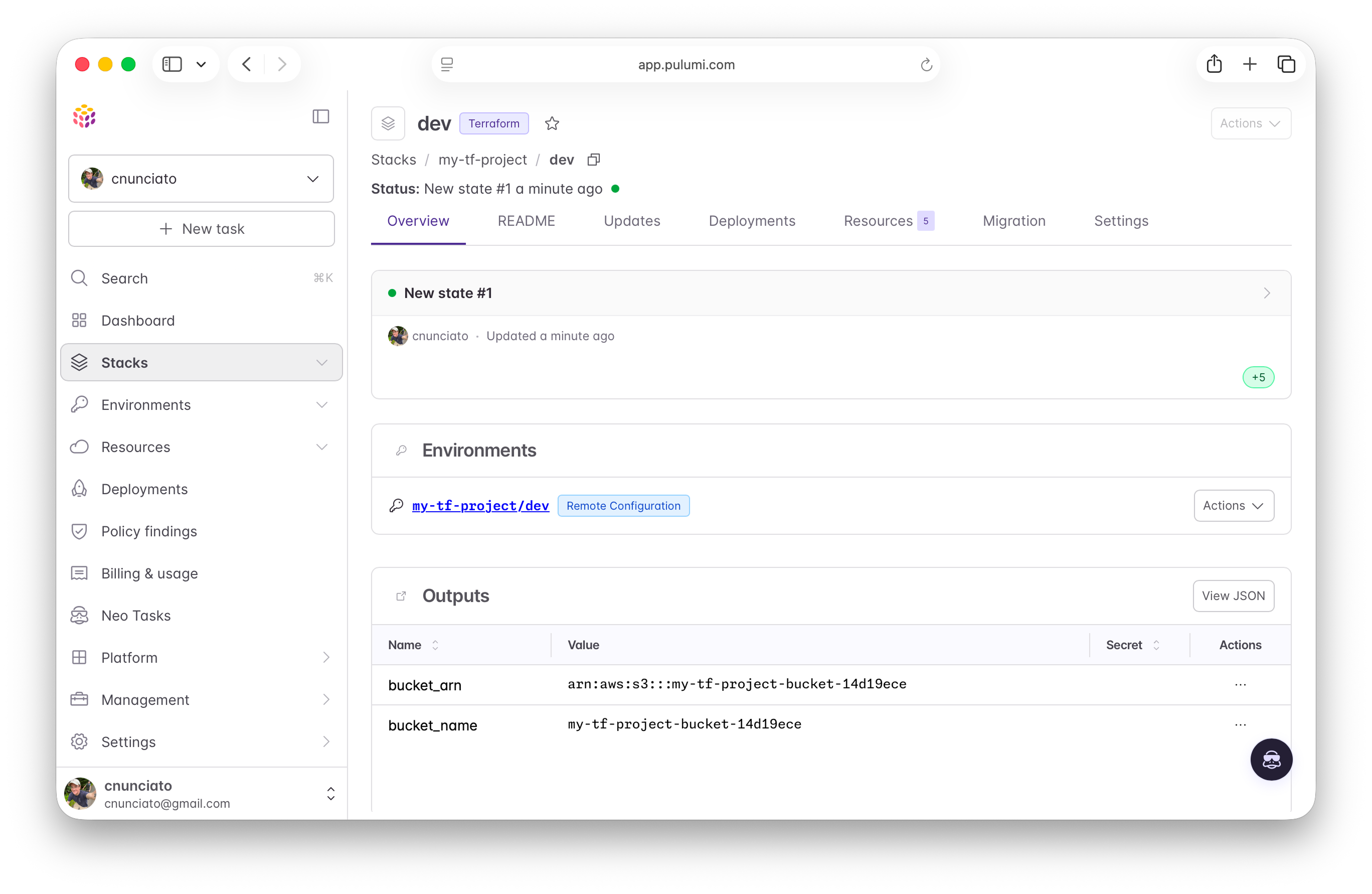 The migrated Terraform stack and its first update in the Pulumi Cloud console