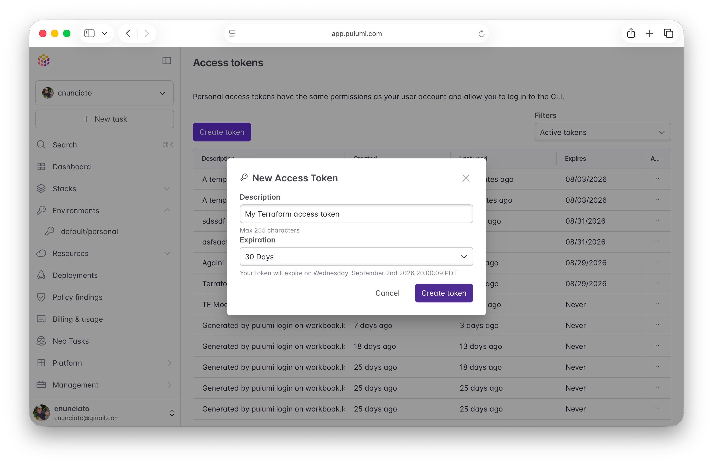 Creating a personal access token in the Pulumi Cloud console
