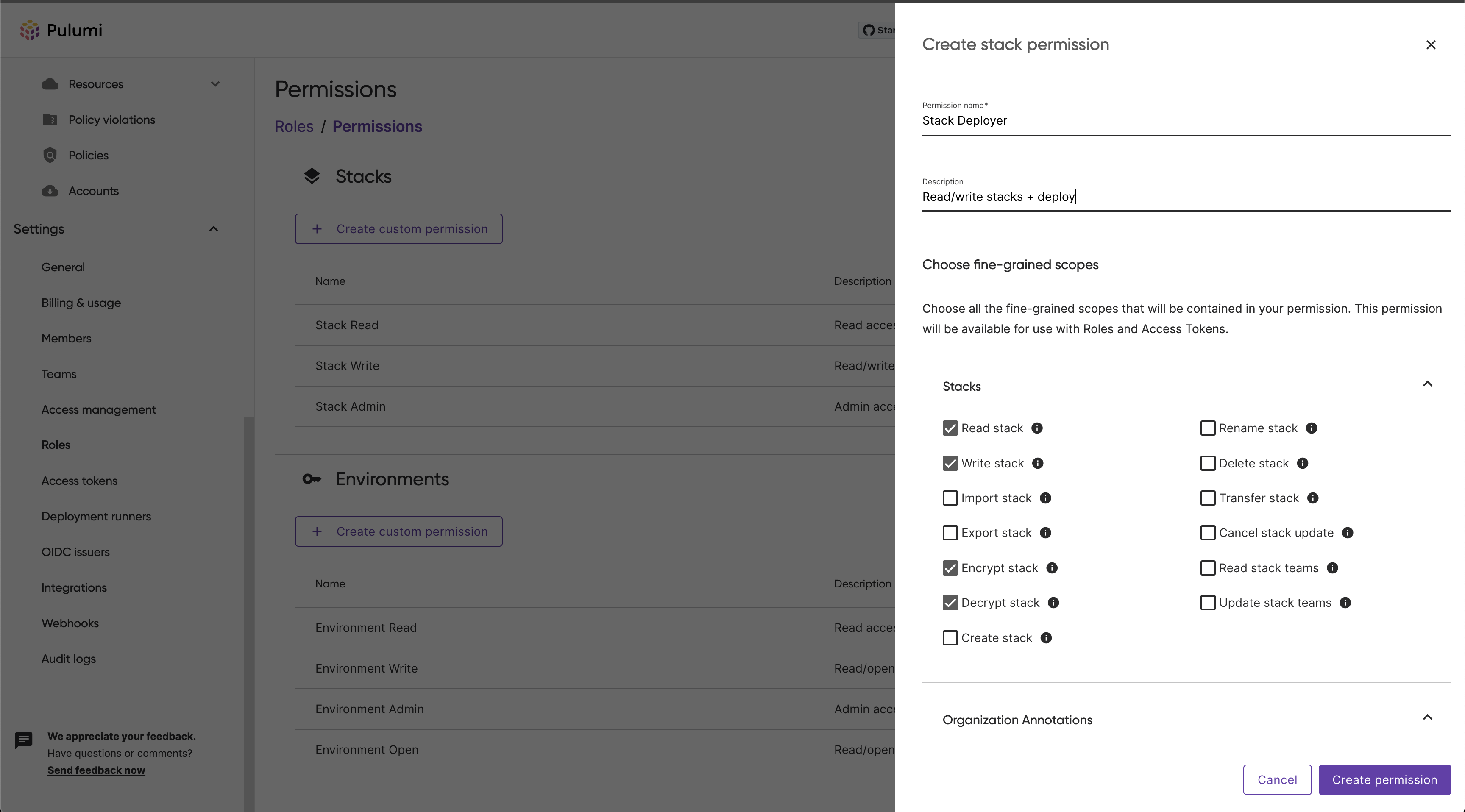 Create a permission side panel