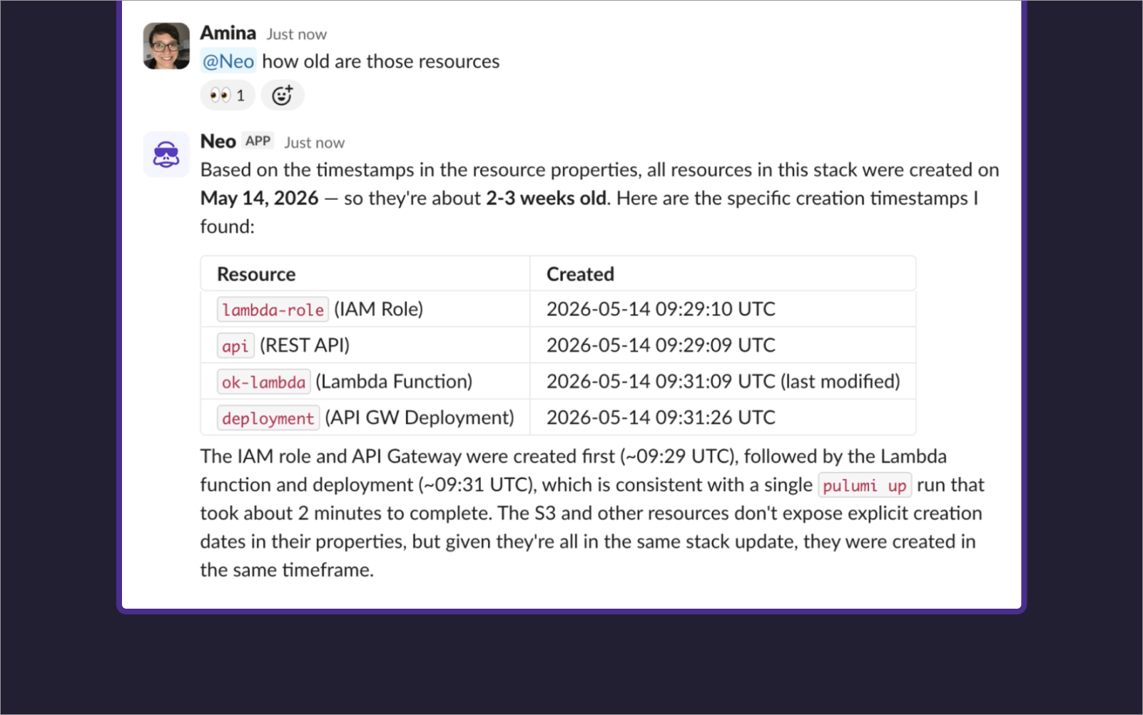 Neo answering a question about a stack's resources in a Slack thread