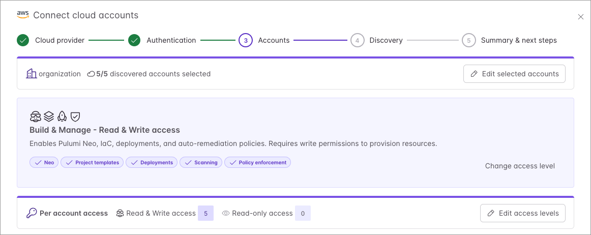 The accounts step showing the selected accounts summary, the Build and Manage access level card, and per account access controls