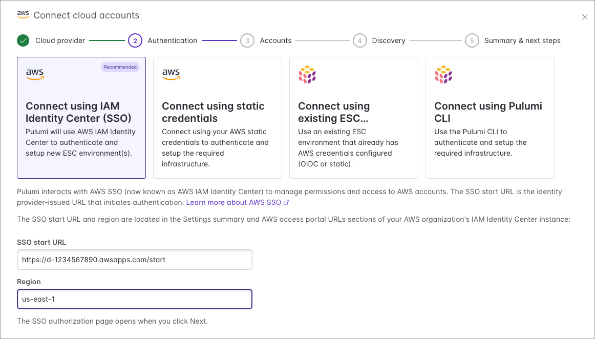 The authentication step for AWS showing the IAM Identity Center option selected with SSO start URL and region fields