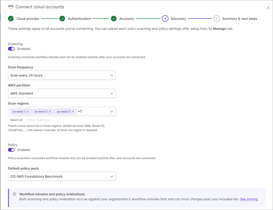 The discovery step showing the scanning toggle, scan frequency dropdown, AWS partition selector, scan regions selector, and policy pack settings