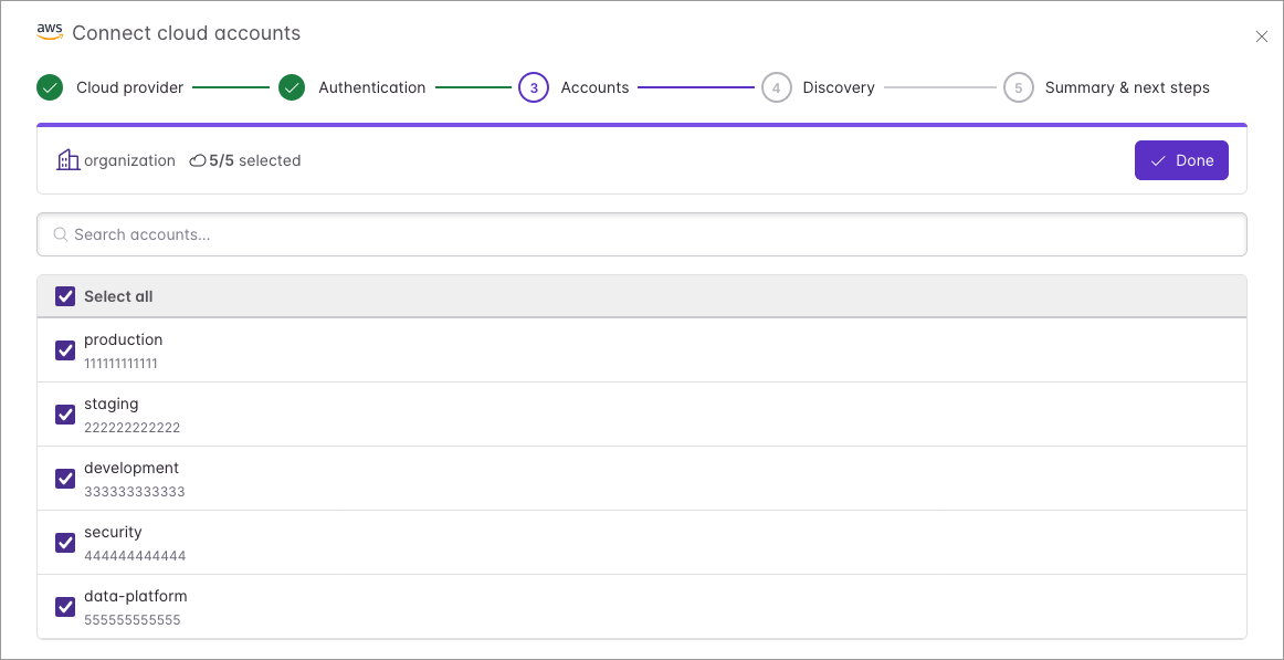 The account picker showing discovered AWS accounts with checkboxes, a search box, and a select all option