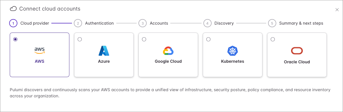 The Connect cloud accounts wizard showing the cloud provider selection step with AWS, Azure, Google Cloud, Kubernetes, and Oracle Cloud options