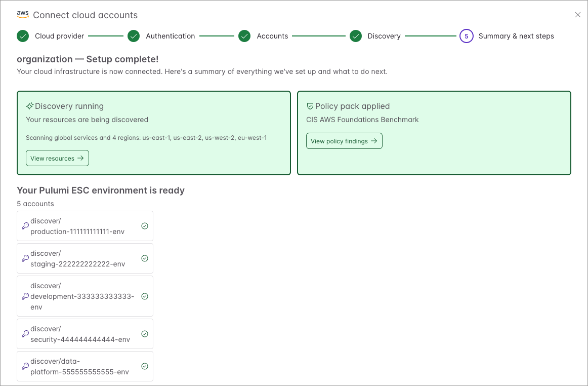 The summary step showing setup complete with discovery running, the policy pack applied, and the list of created ESC environments