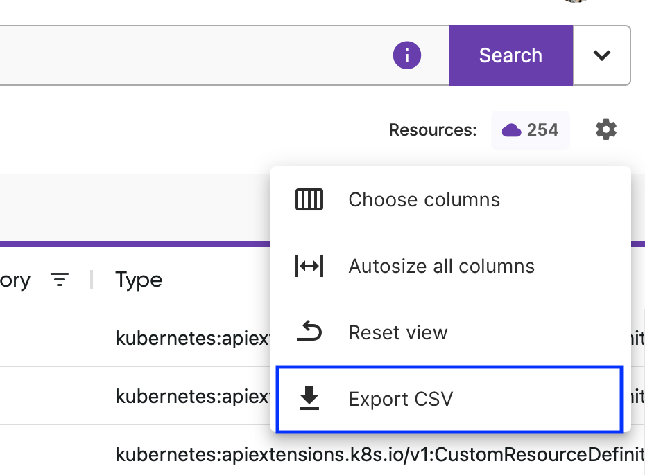 a screenshot of the Pulumi Cloud web UI showing the drop-down for Resource Search results and the Export CSV command highlighted