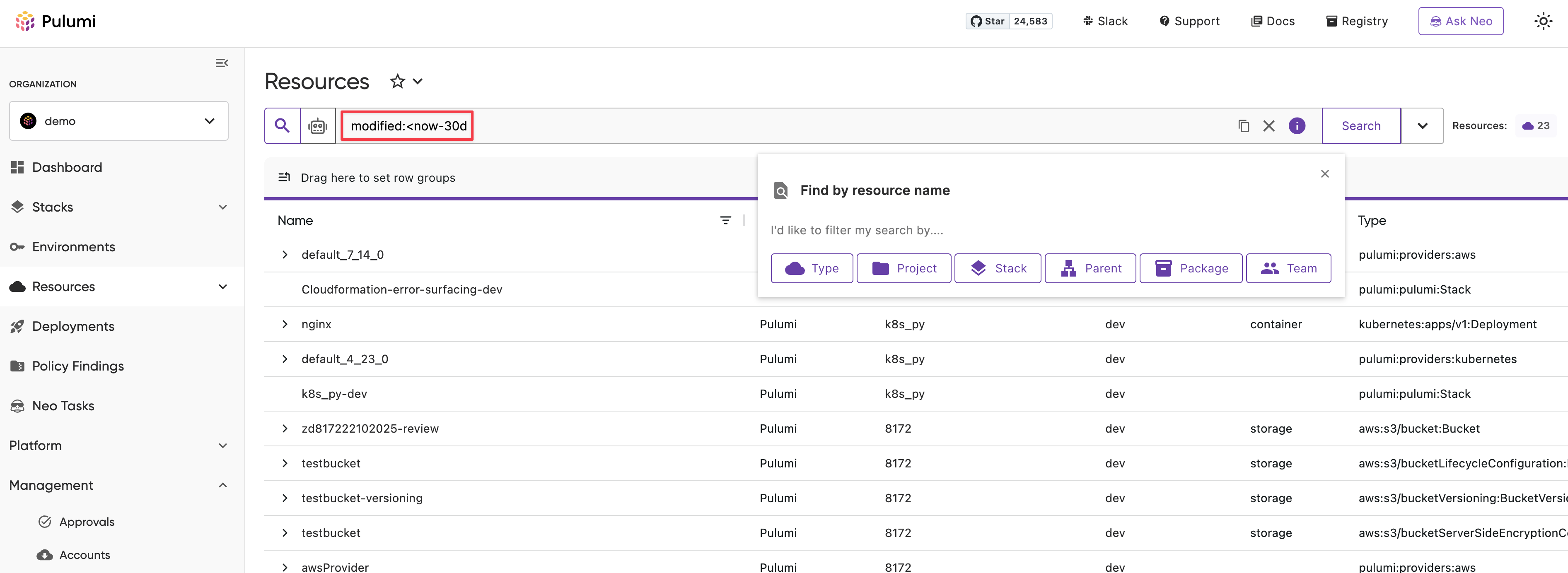 Resource Explorer filtered to resources modified in the last 30 days