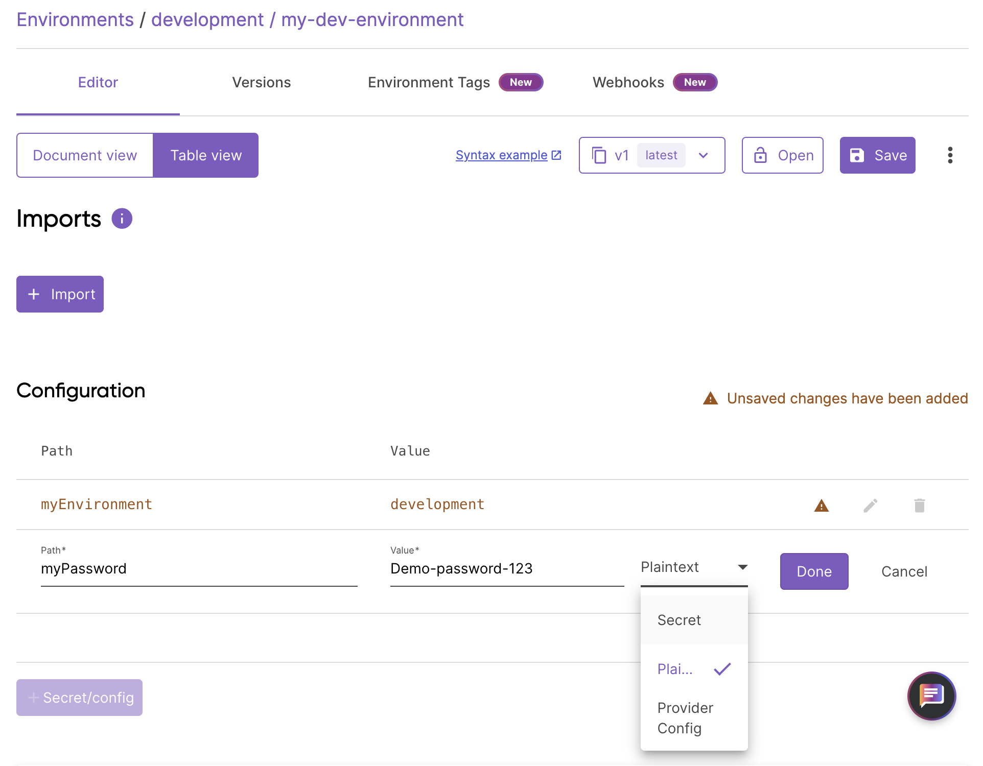 Adding values to the environment in the Pulumi ESC console