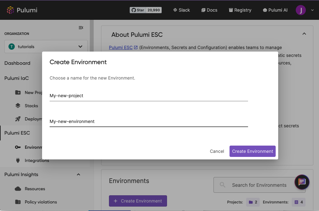 Creating a new environment in the Pulumi ESC console
