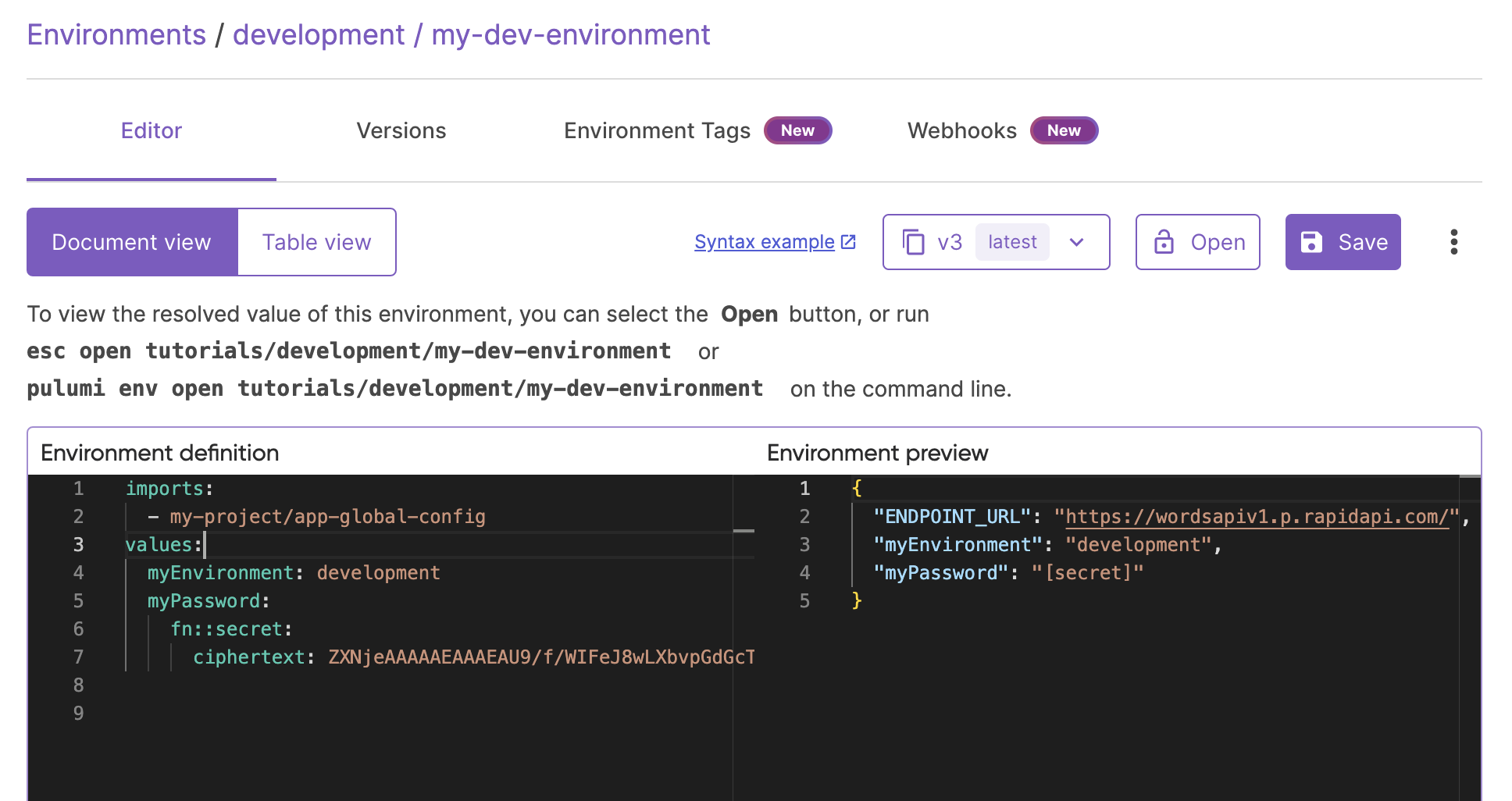 Importing the global config environment in the Pulumi Console