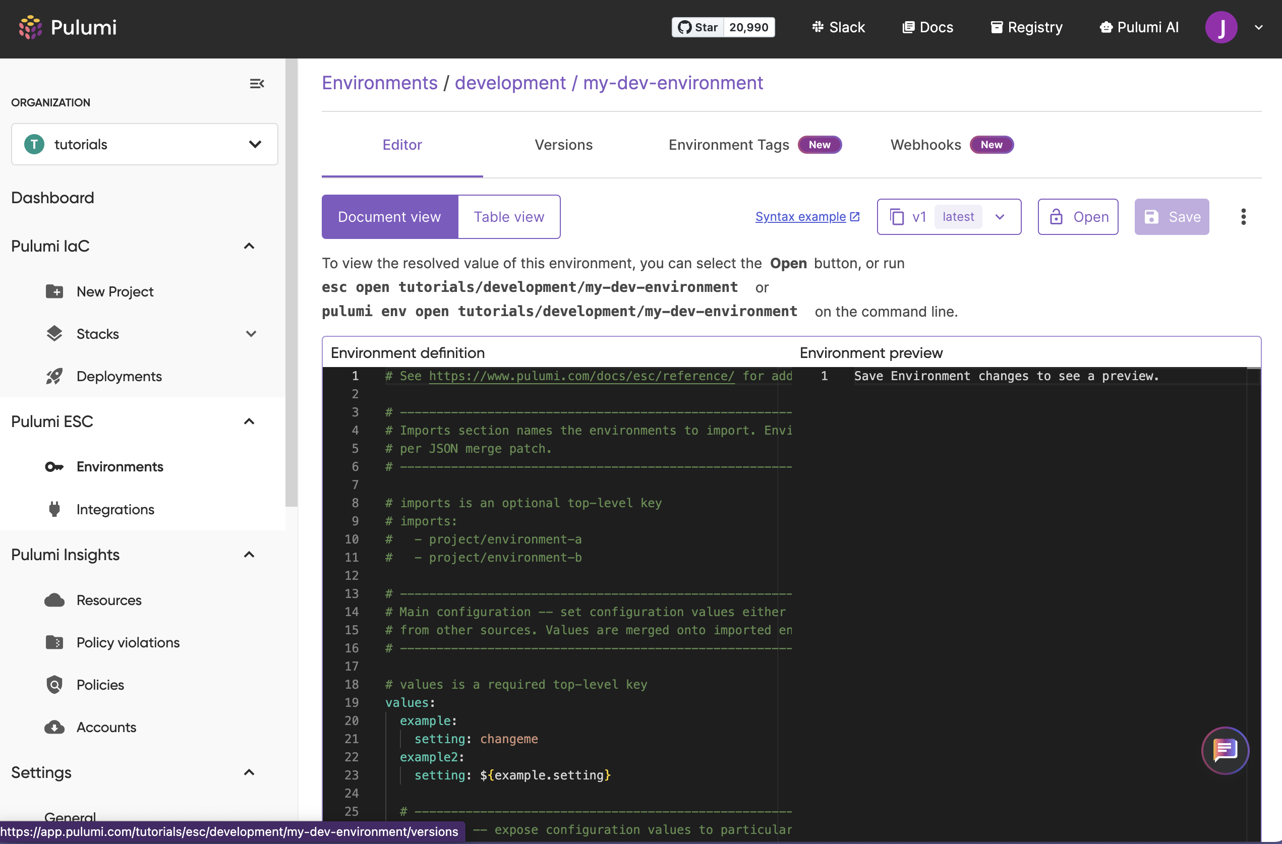 Open environment in Pulumi ESC console
