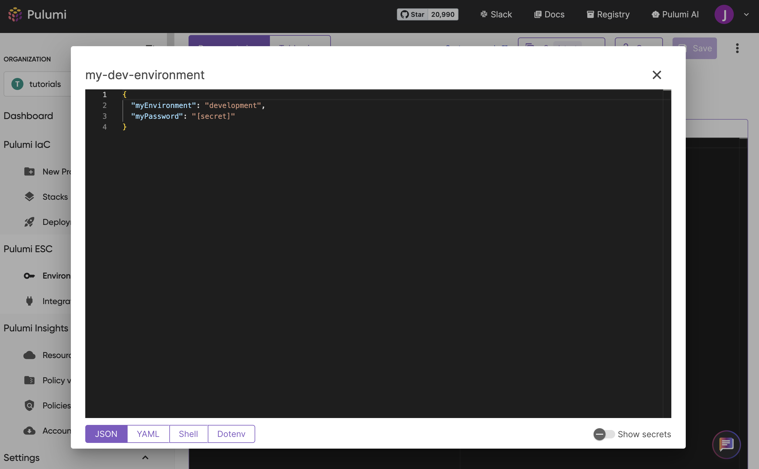 Clicking the open button in the Pulumi ESC console
