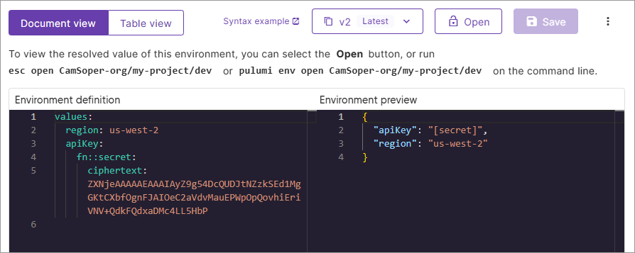 ESC environment editor showing encrypted secret value and preview displayed as [secret] after saving