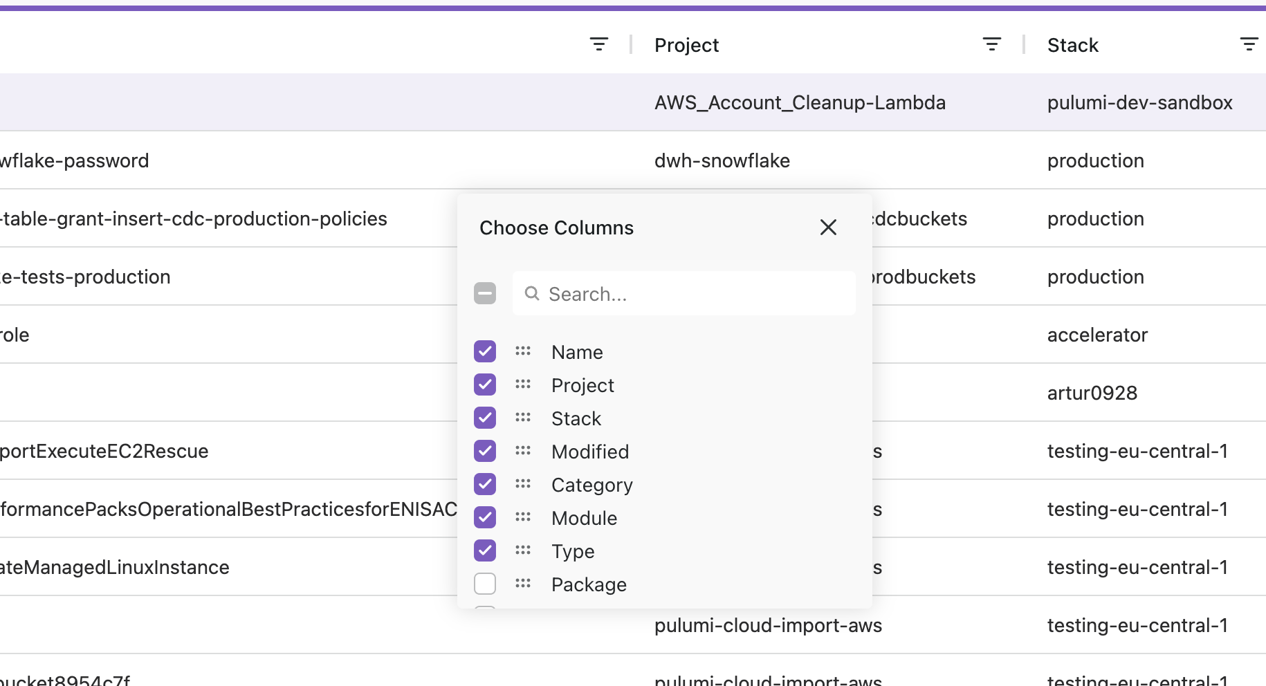 Resource Search Column Chooser