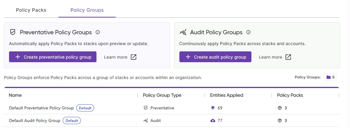 The Policies page with the Policy Groups tab selected