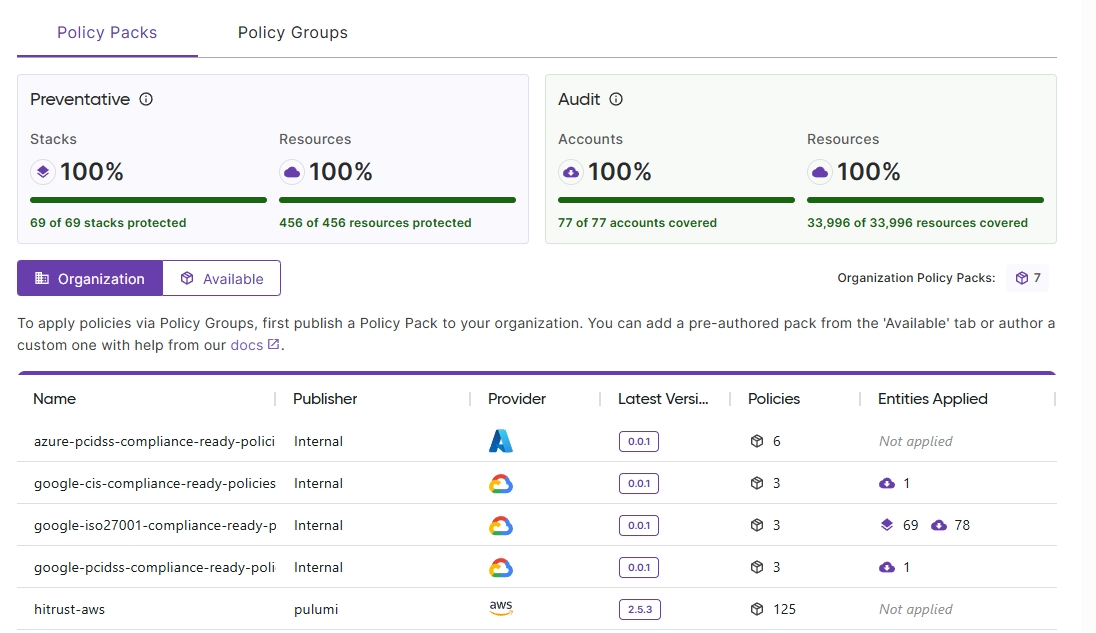 The Policies page with the Policy Packs tab selected