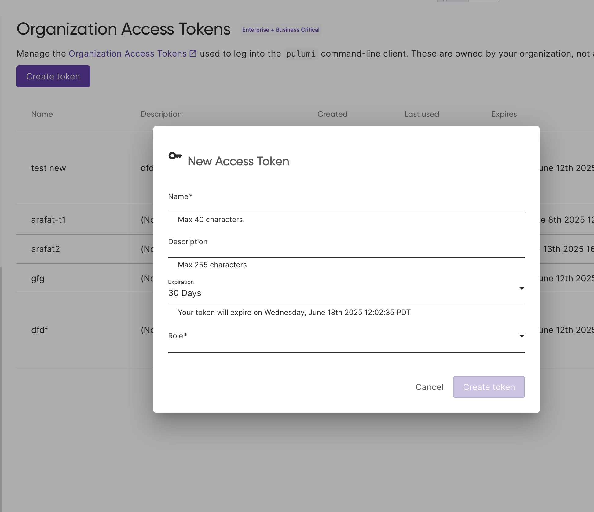 Create an organization access token, a role field is available
