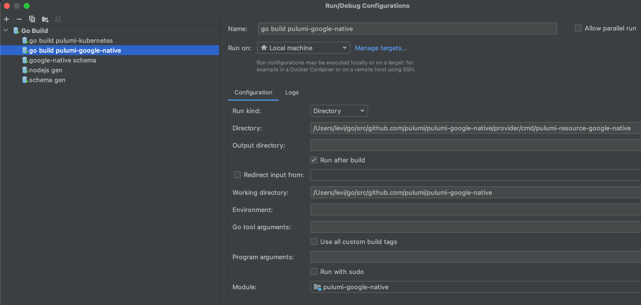 Screenshot of GoLand configuration for debugging providers