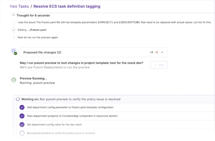 AI-powered remediation workflow in Pulumi Neo