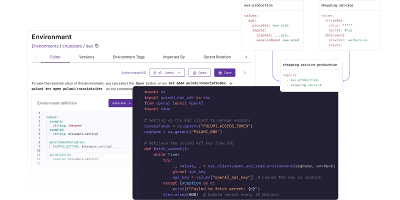 Pulumi ESC environment management and code