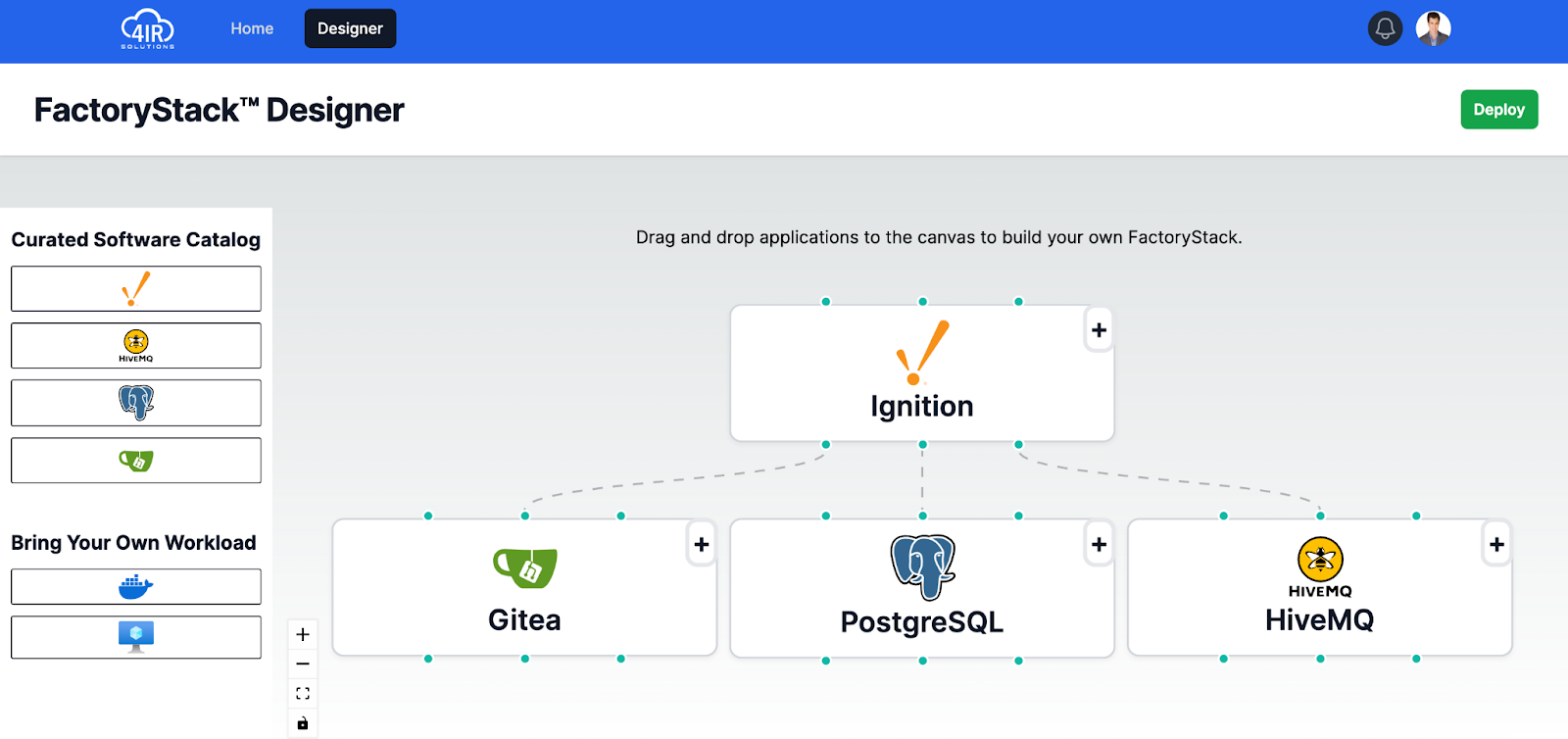 Screenshot of FactoryStack Designer showing drag and drop interface