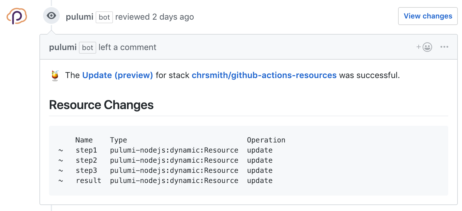 Comment from the Pulumi GitHub App