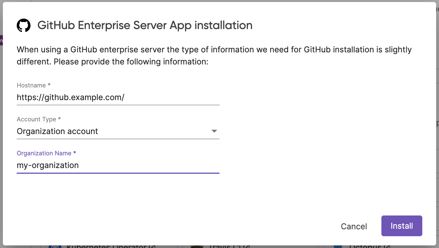 GitHub Enterprise Server App Installation Dialog for organization account
