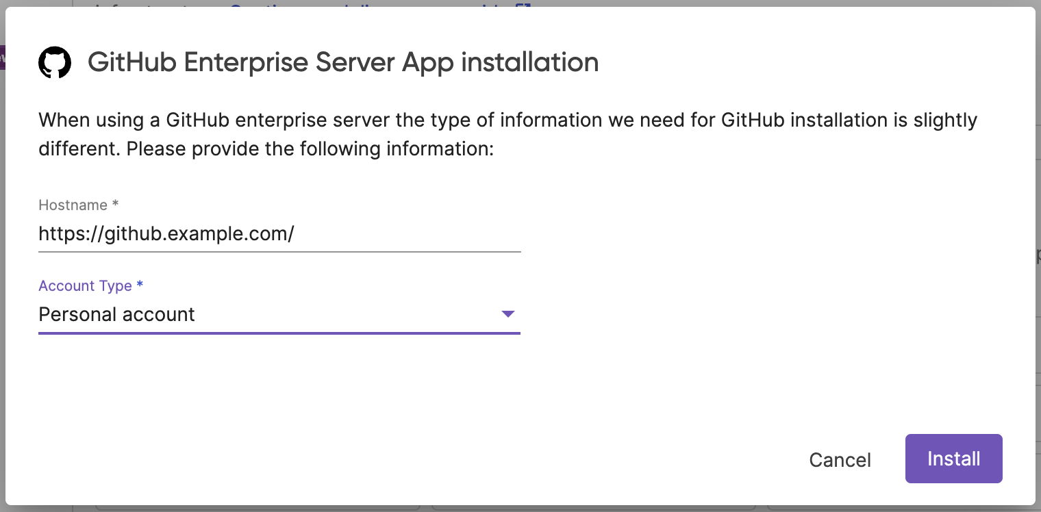 GitHub Enterprise Server App Installation Dialog for personal account