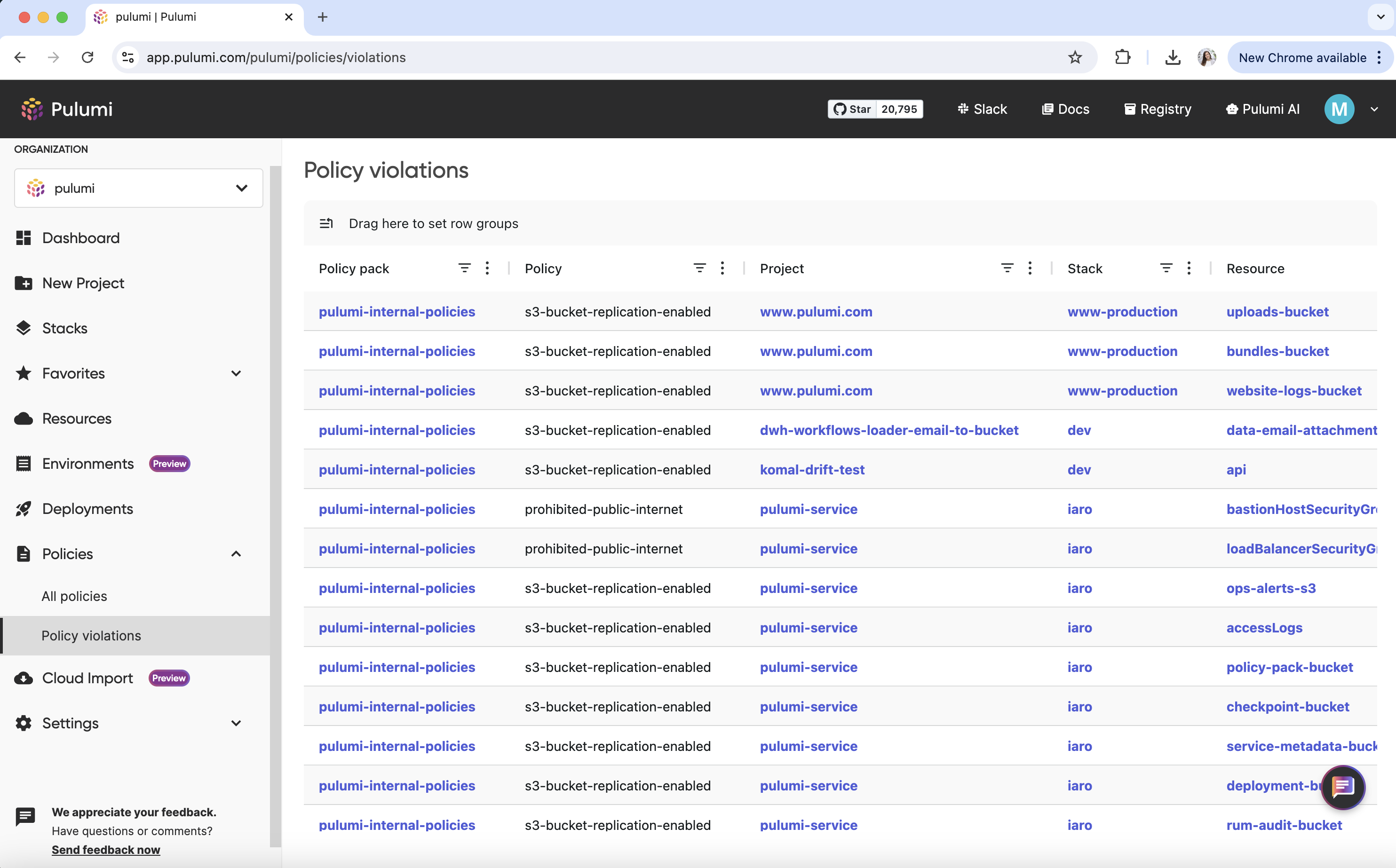 Policy Violations page