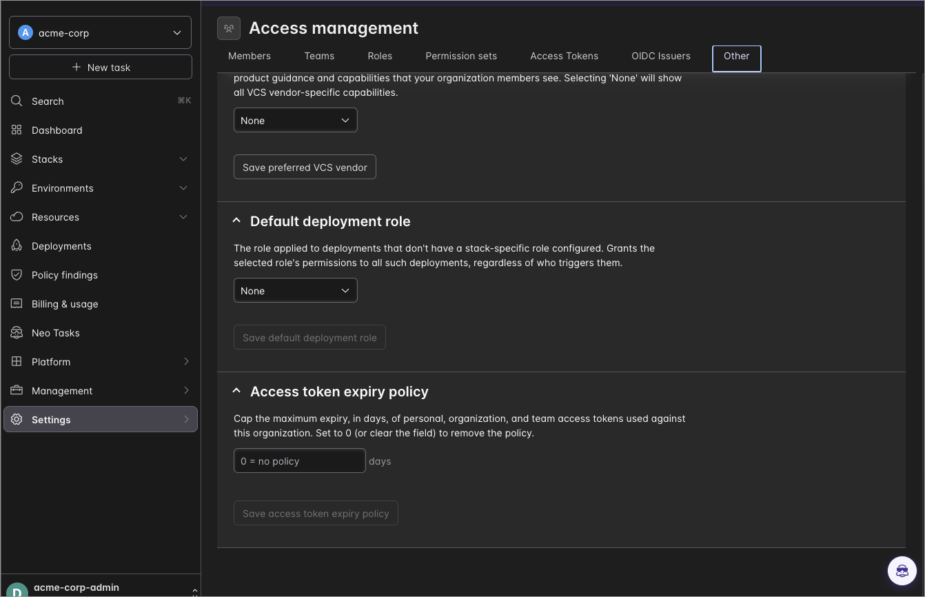 The Other tab of the Access Management settings page, with the access token expiry policy section at the bottom.