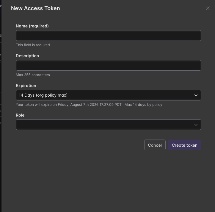 The New Access Token dialog with the expiration picker set to “14 Days (org policy max)” and helper text noting the 14-day policy maximum.