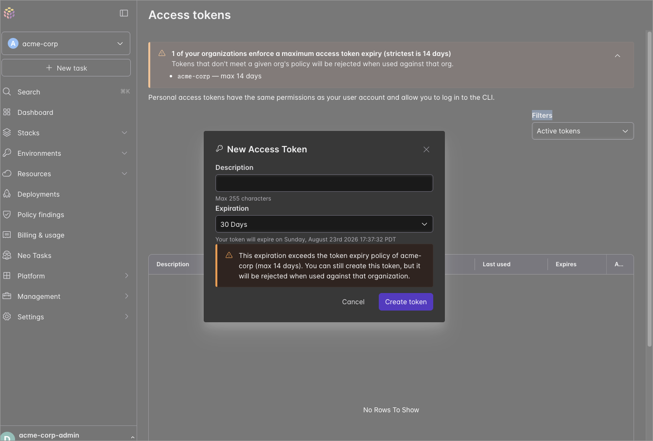 The new personal access token dialog warning that the chosen 30-day expiration exceeds an organization’s 14-day token expiry policy.