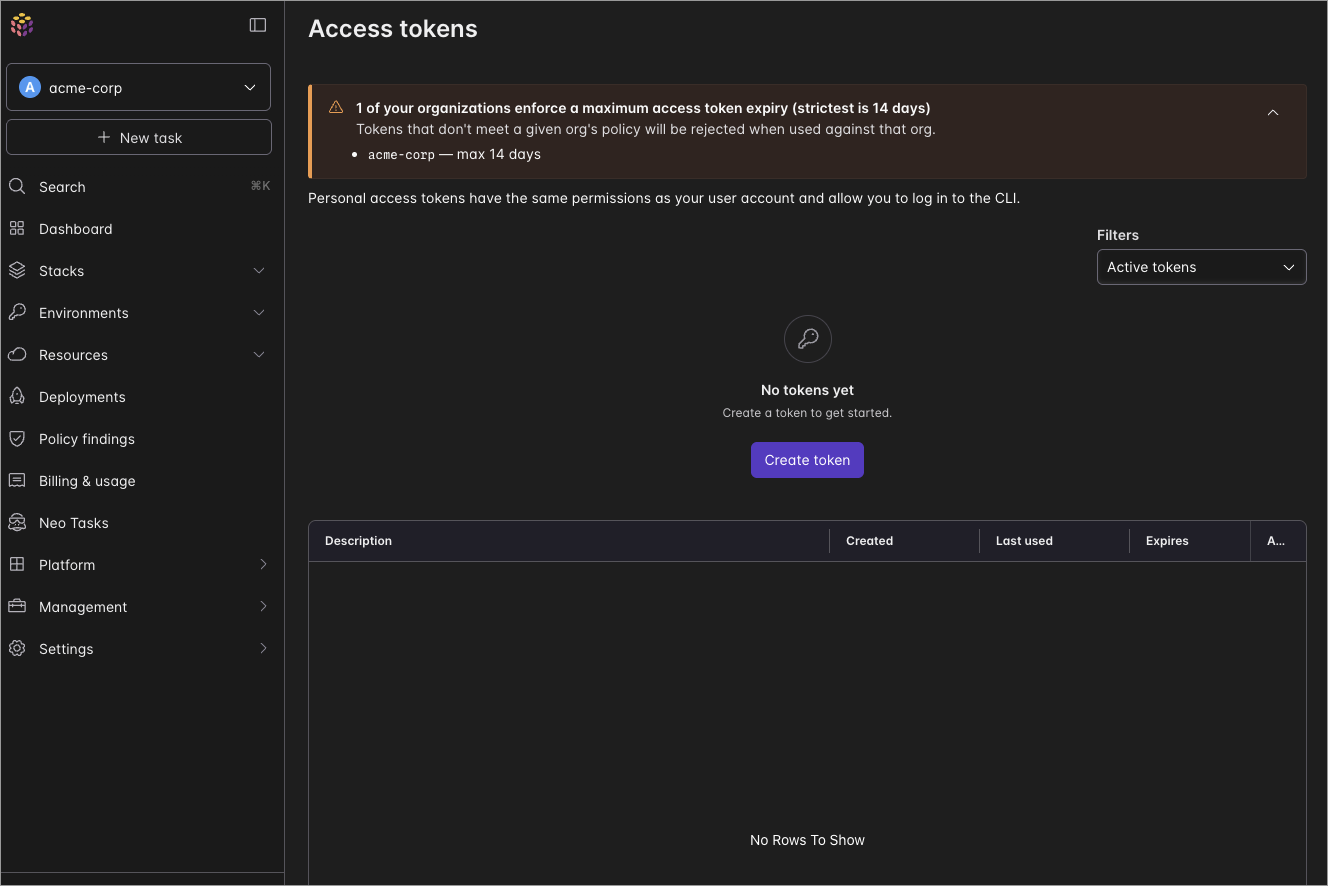 The personal access tokens page showing a banner that one organization enforces a maximum access token expiry of 14 days.