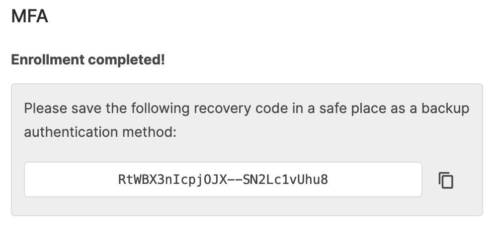 Copy the MFA recovery key