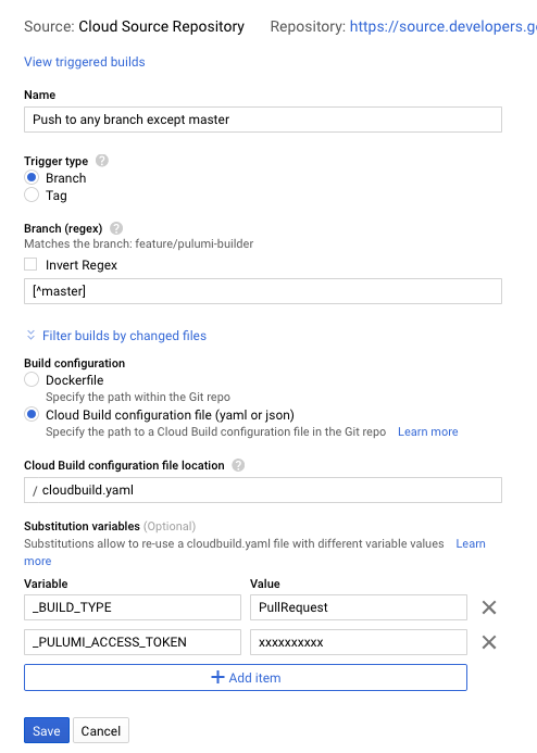 Cloud Build Trigger configuration